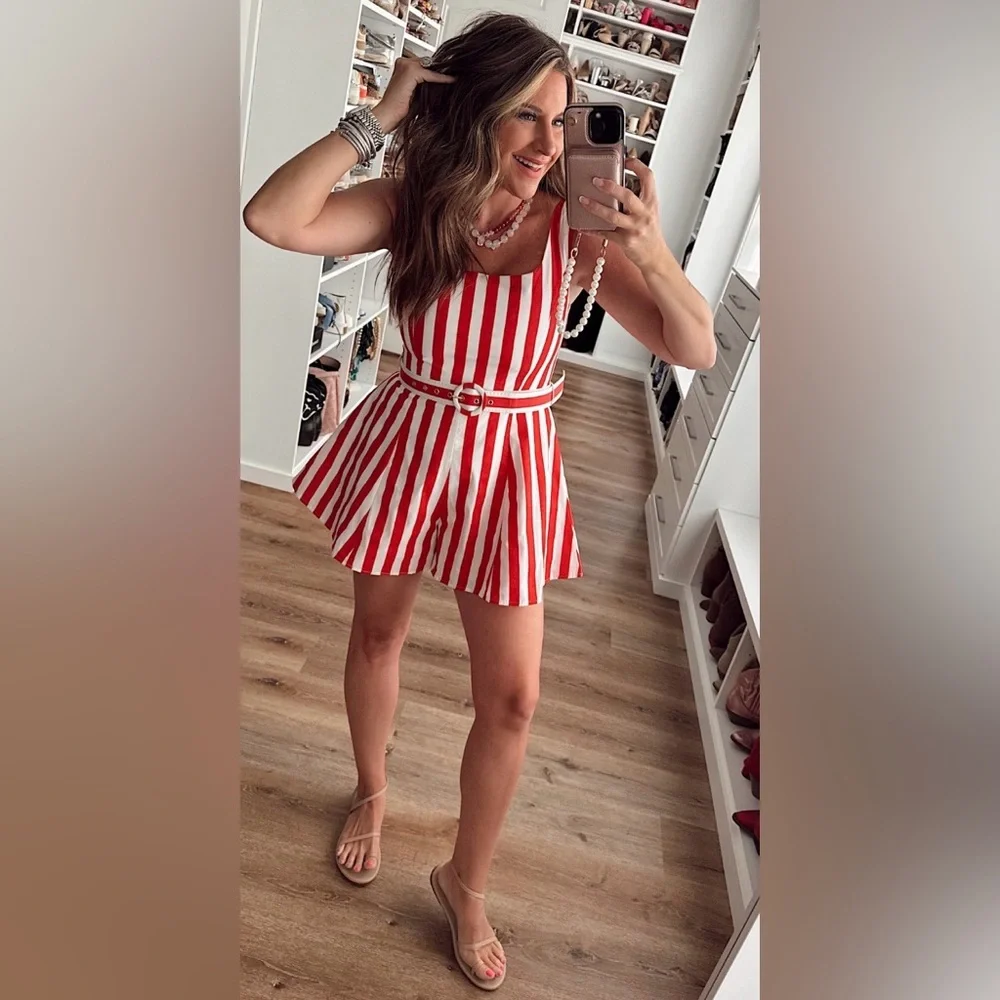 Striped Red & White Sleeveless Belted Romper - Picture 1 of 4